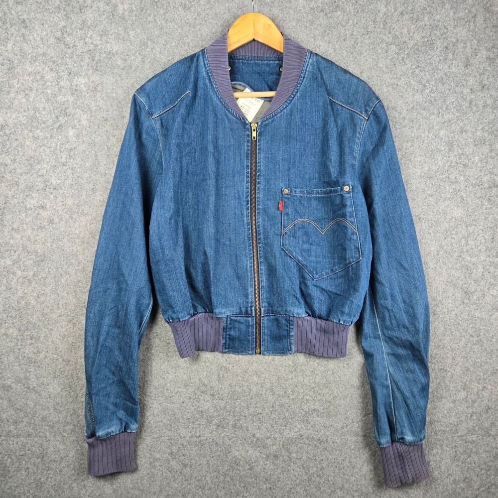 Levis Redline Denim Bomber Jacket Womens L Blue Zip Up Cropped Y2K LVC